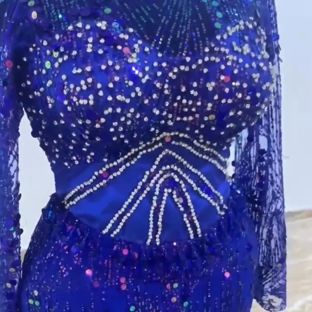 Beaded Royal Blue Sequin Prom Dress with Long Fringe Sleeves